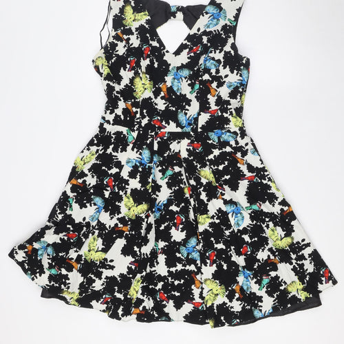 Red Herring Womens Multicoloured Floral Cotton A-Line Size 12 Round Neck Zip - Bow Back Detail