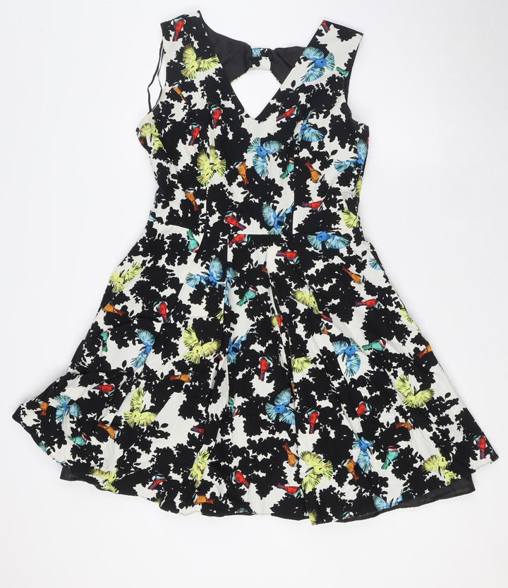 Red Herring Womens Multicoloured Floral Cotton A-Line Size 12 Round Neck Zip - Bow Back Detail