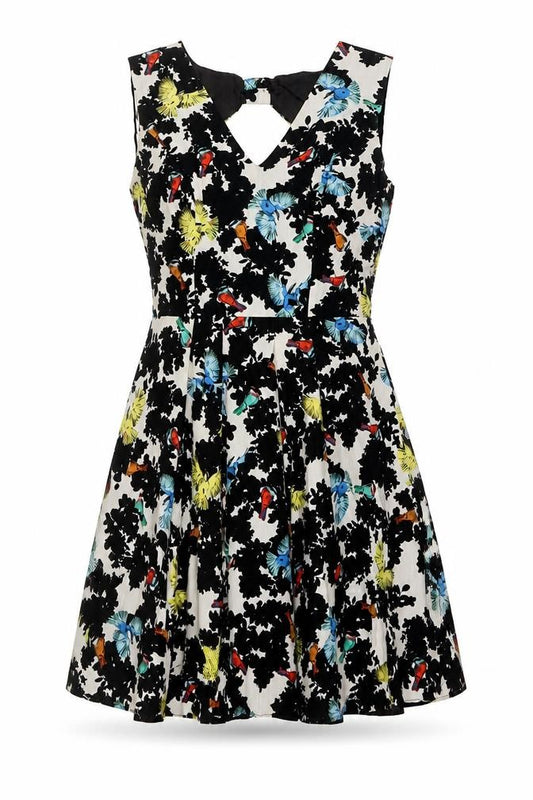 Front view of Red Herring women’s multicoloured floral cotton a-line, size UK 12, round neck zip - bow back detail