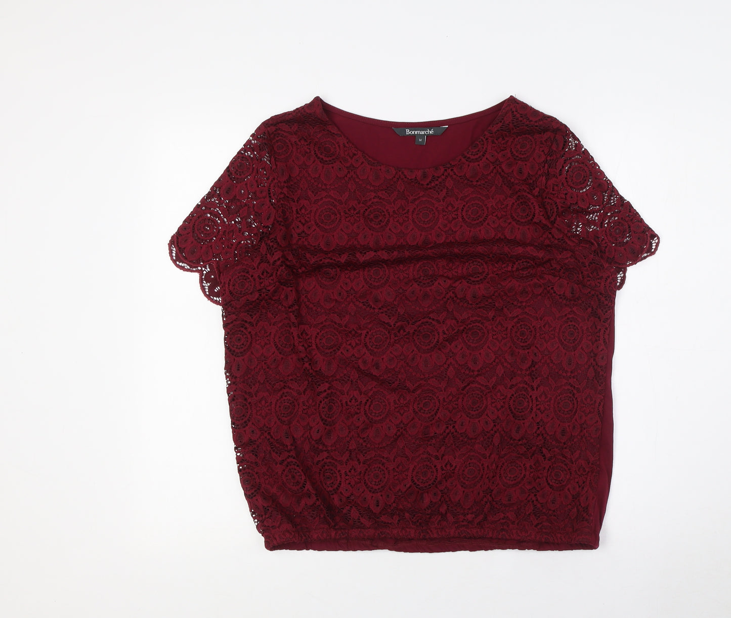 Bonmarché Womens Red Polyester Basic Blouse Size 14 Round Neck - Lace Overlay