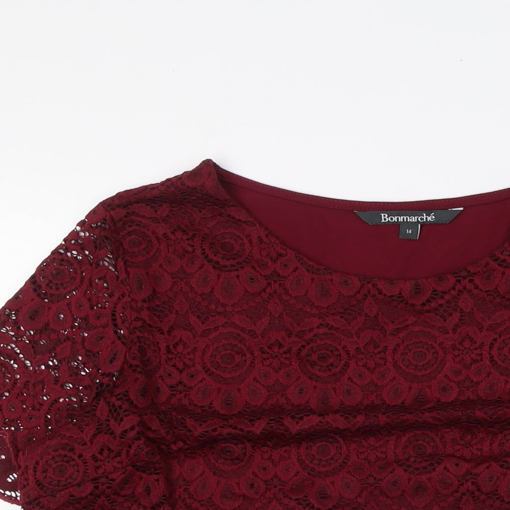 Bonmarché Womens Red Polyester Basic Blouse Size 14 Round Neck - Lace Overlay