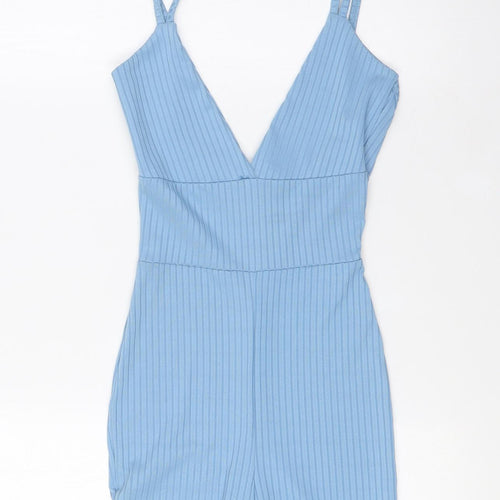 PRETTYLITTLETHING Womens Blue Polyester Playsuit One-Piece Size 6 Tie - Ribbed