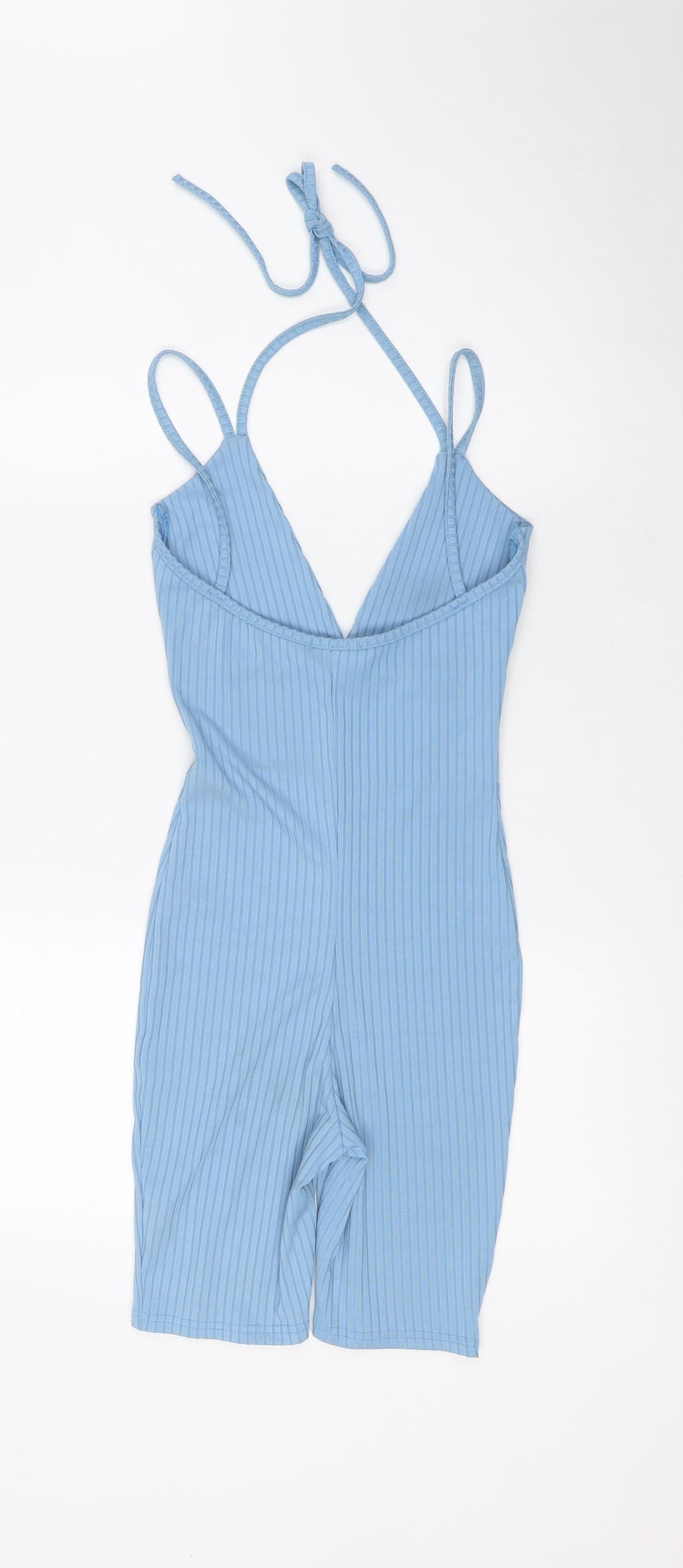 PRETTYLITTLETHING Womens Blue Polyester Playsuit One-Piece Size 6 Tie - Ribbed