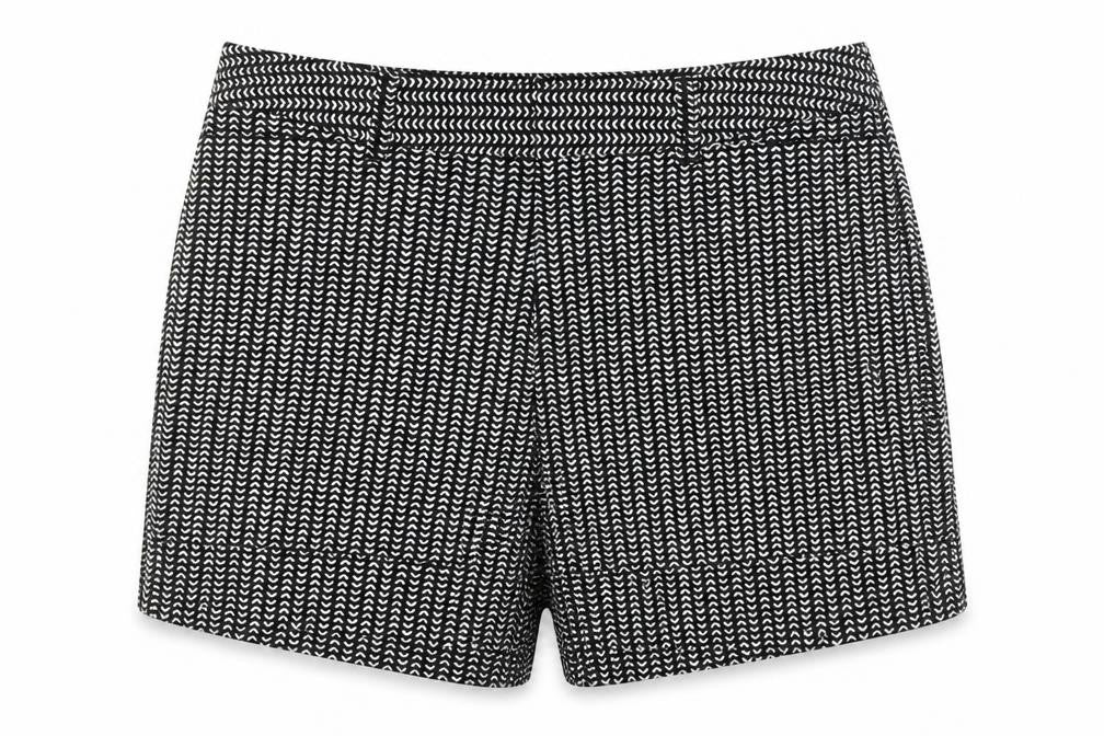 Front view of Ellen Reyes women’s black cotton basic shorts, size UK 10, 4-inch leg regular zip - turn ups