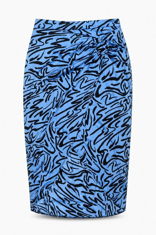 Front view of River Island women’s blue polyester wrap skirt, size UK 14, zip