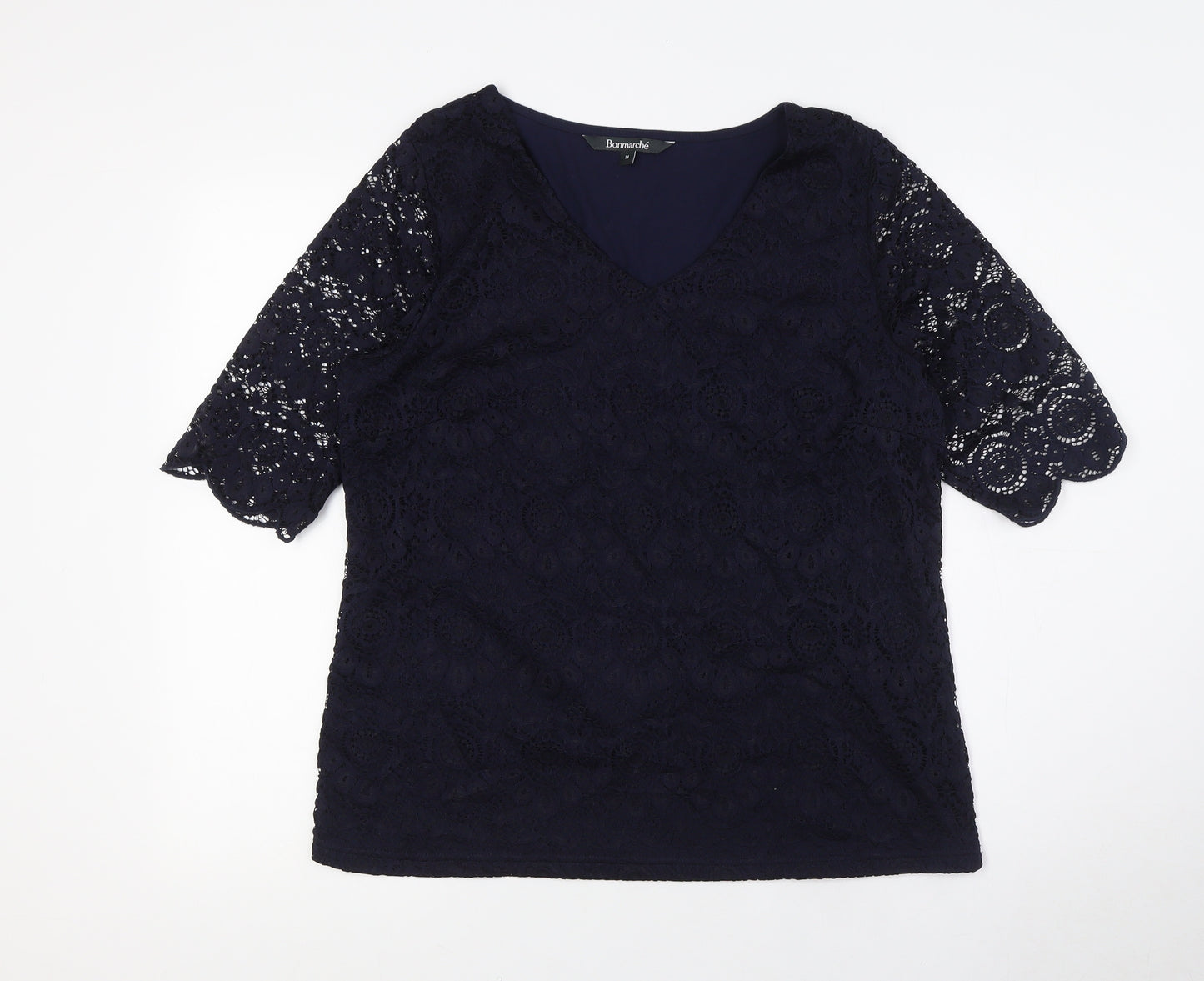 Bonmarché Womens Blue Polyester Basic T-Shirt Size 14 V-Neck - Lace Overlay