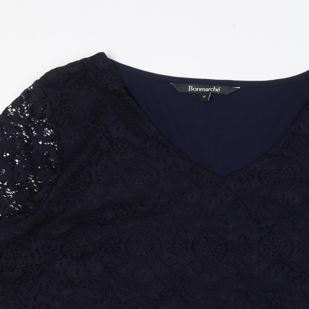 Bonmarché Womens Blue Polyester Basic T-Shirt Size 14 V-Neck - Lace Overlay