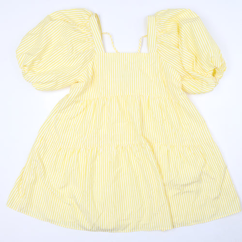 Nasty Gal Womens Yellow Striped Polyester A-Line Size 10 Square Neck Tie - Puff Ball Sleeves, Tiered