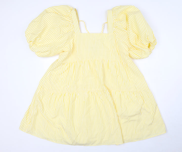 Nasty Gal Womens Yellow Striped Polyester A-Line Size 10 Square Neck Tie - Puff Ball Sleeves, Tiered