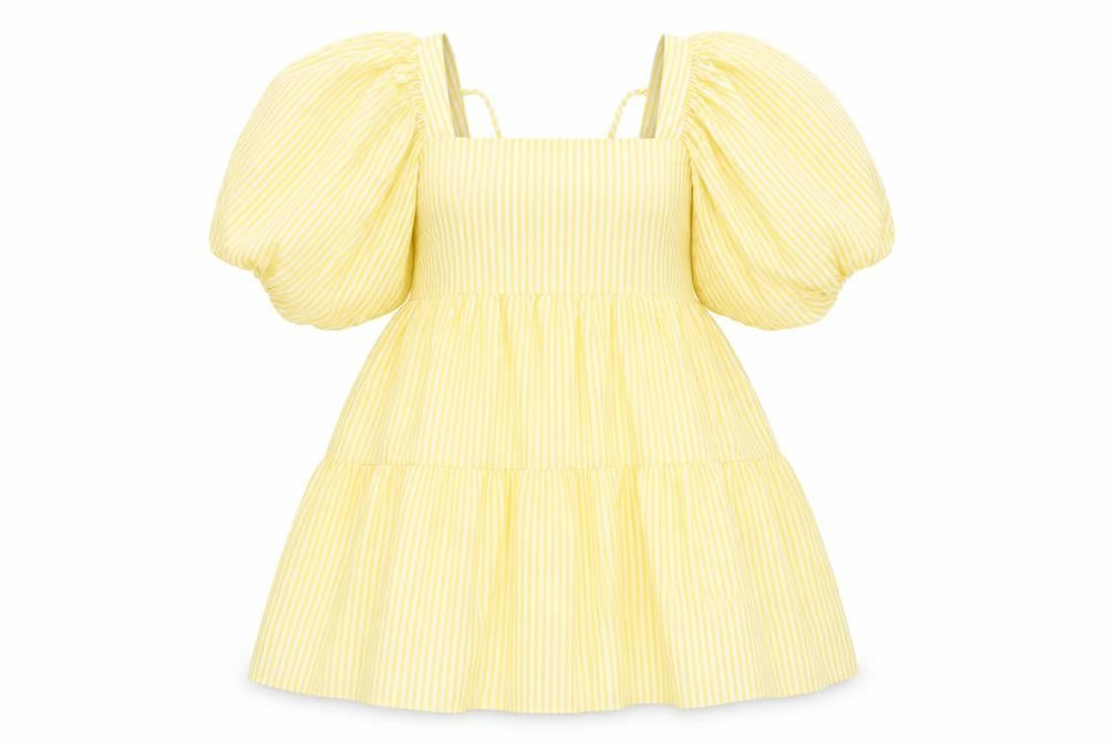 Nasty Gal Womens Yellow Striped Polyester A-Line Size 10 Square Neck Tie - Puff Ball Sleeves, Tiered