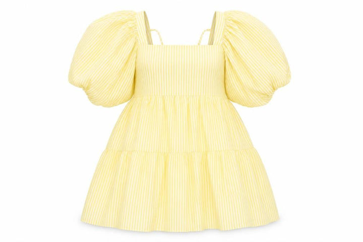 Nasty Gal Womens Yellow Striped Polyester A-Line Size 10 Square Neck Tie - Puff Ball Sleeves, Tiered