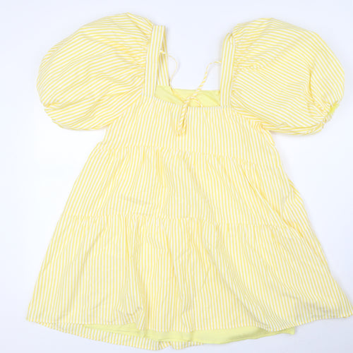 Nasty Gal Womens Yellow Striped Polyester A-Line Size 10 Square Neck Tie - Puff Ball Sleeves, Tiered