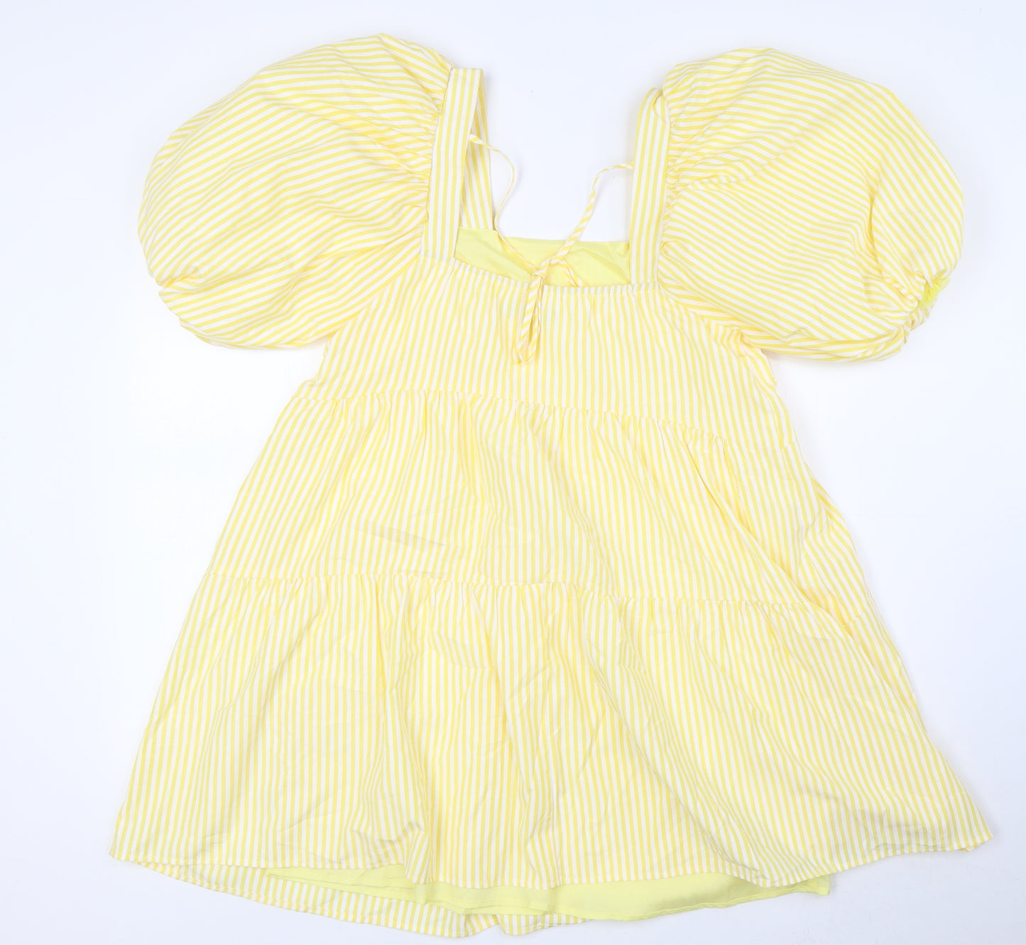 Nasty Gal Womens Yellow Striped Polyester A-Line Size 10 Square Neck Tie - Puff Ball Sleeves, Tiered