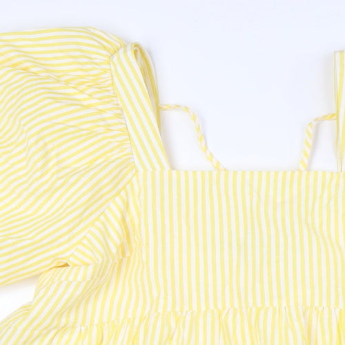 Nasty Gal Womens Yellow Striped Polyester A-Line Size 10 Square Neck Tie - Puff Ball Sleeves, Tiered
