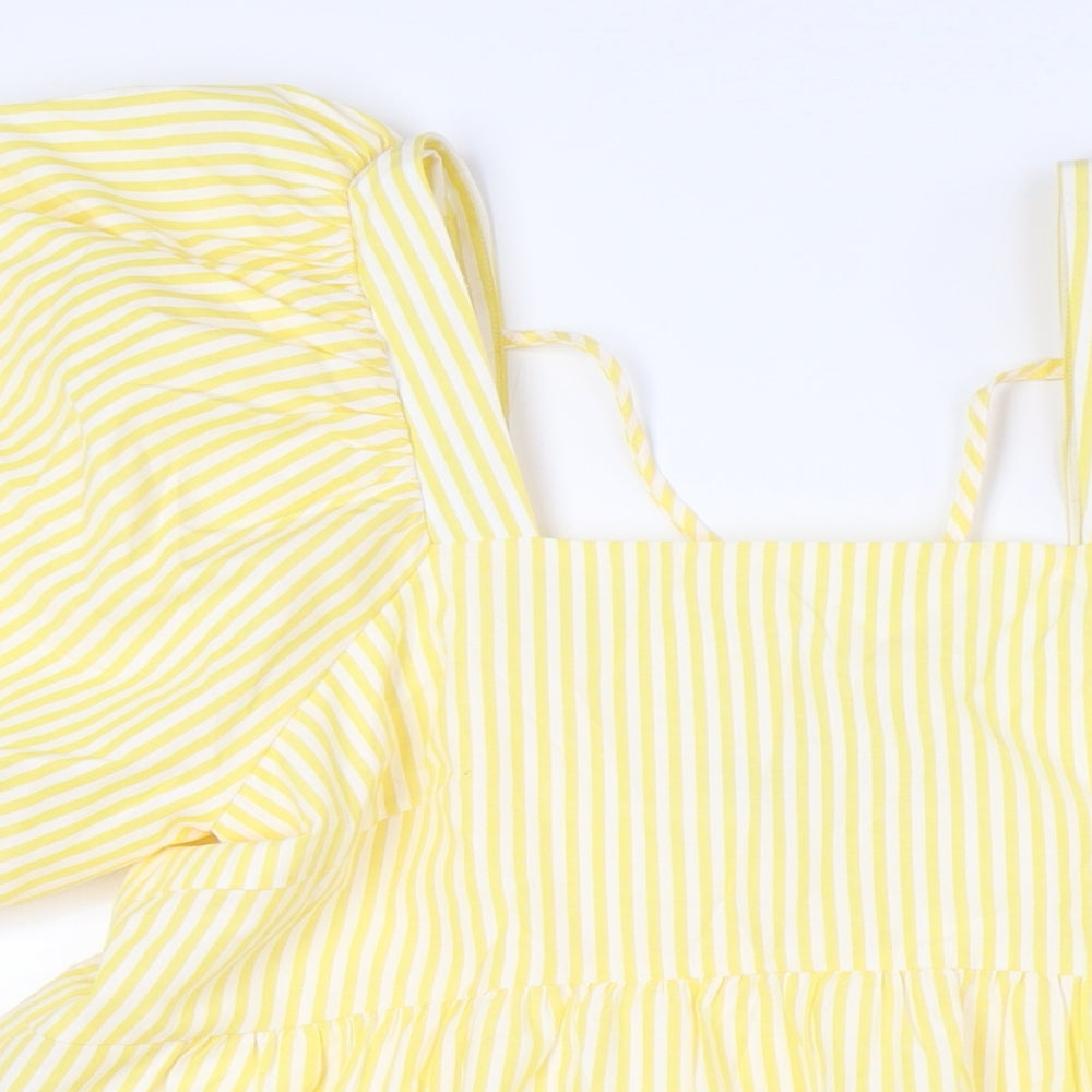 Nasty Gal Womens Yellow Striped Polyester A-Line Size 10 Square Neck Tie - Puff Ball Sleeves, Tiered