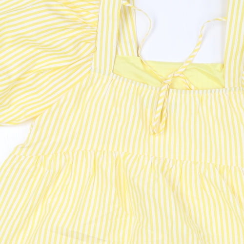 Nasty Gal Womens Yellow Striped Polyester A-Line Size 10 Square Neck Tie - Puff Ball Sleeves, Tiered