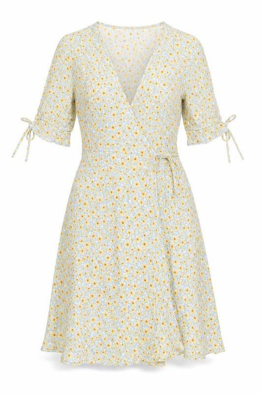 Front view of Pimkie women’s multicoloured floral viscose wrap dress, size UK 8, v-neck tie
