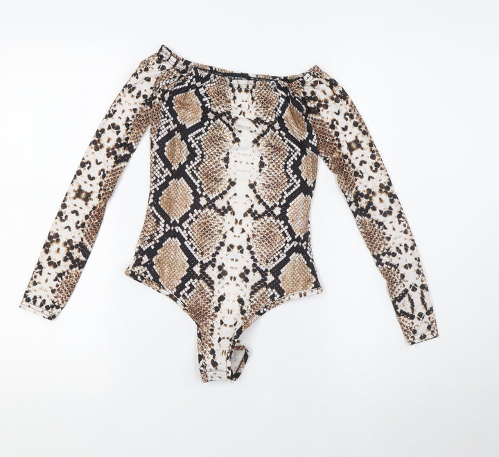 PRETTYLITTLETHING Womens Multicoloured Animal Print Polyester Bodysuit One-Piece Size 4 Snap