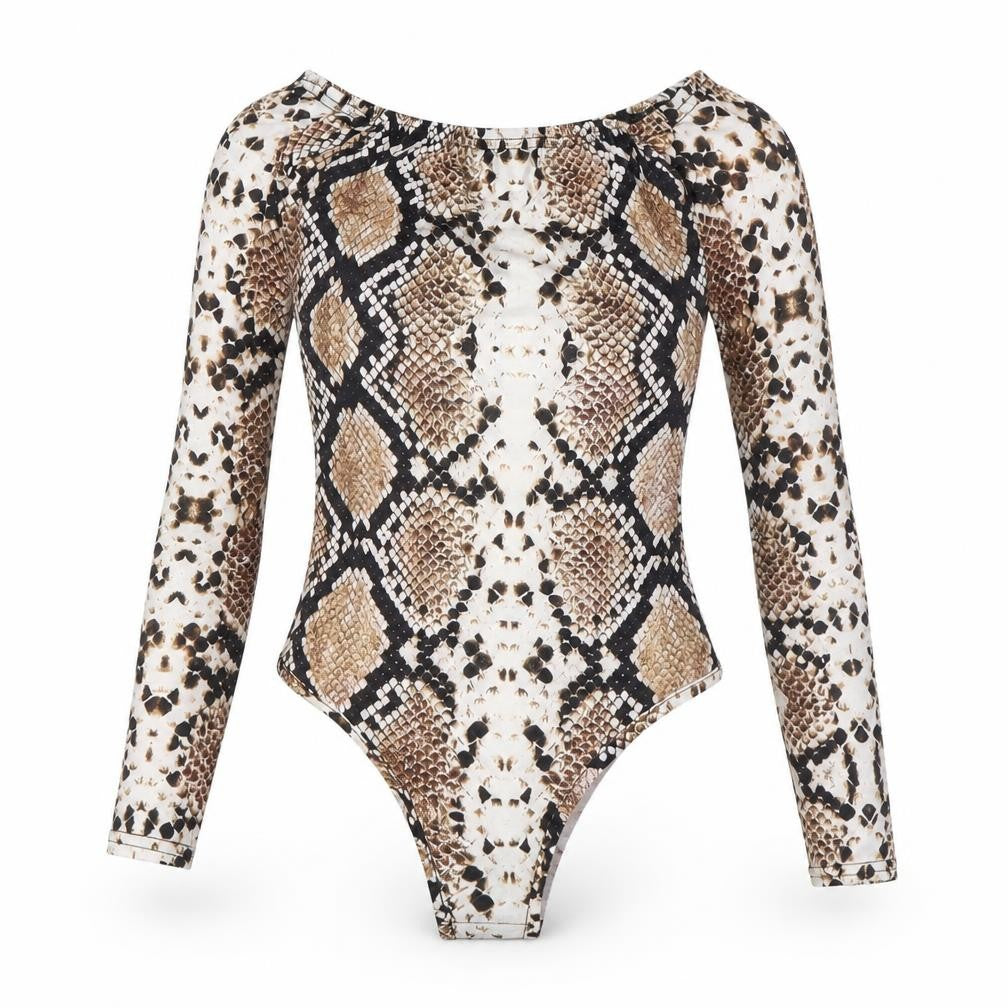 Front view of PRETTYLITTLETHING women’s multicoloured animal print polyester bodysuit one-piece, size UK 4, snap