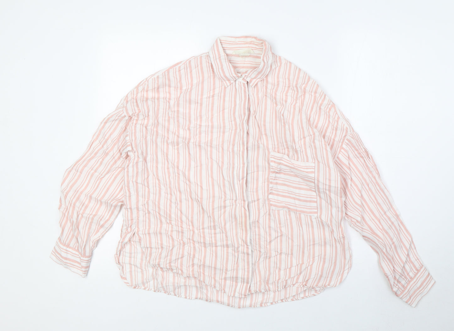 H&M Womens Pink Striped Viscose Basic Button-Up Size 4 Collared