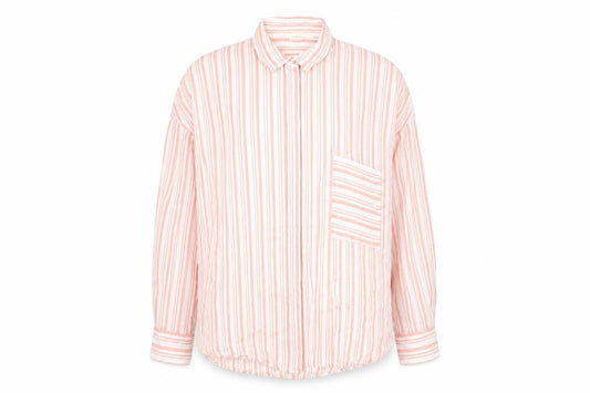 Front view of H&M women’s pink striped viscose basic button-up, size UK 4, collared
