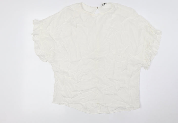River Island Womens Ivory Viscose Basic Blouse Size S Round Neck - Ruffle Cuffs
