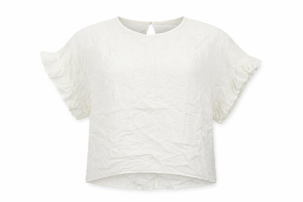 Front view of River Island women’s ivory viscose basic blouse, size S, round neck - ruffle cuffs