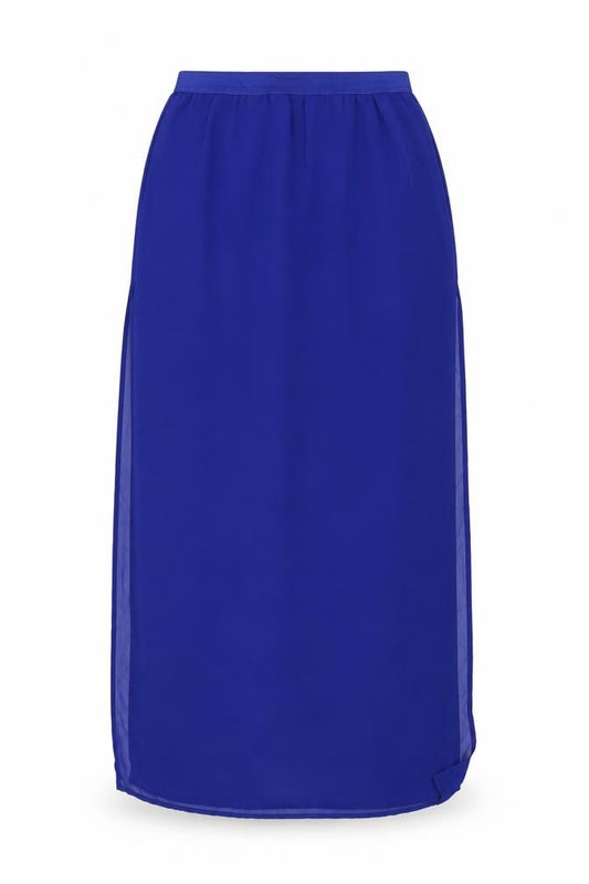 Front view of H&M women’s blue polyester maxi skirt, size UK 10