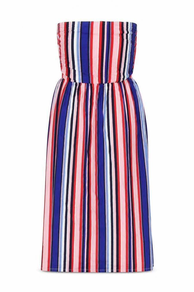 Front view of Oasis women’s multicoloured striped viscose shift, size S, off the shoulder pullover