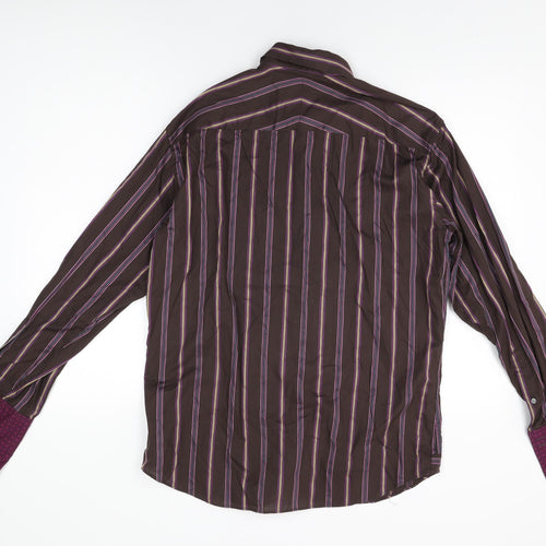 Autograph Mens Brown Striped Cotton Dress Shirt Size M Collared Button