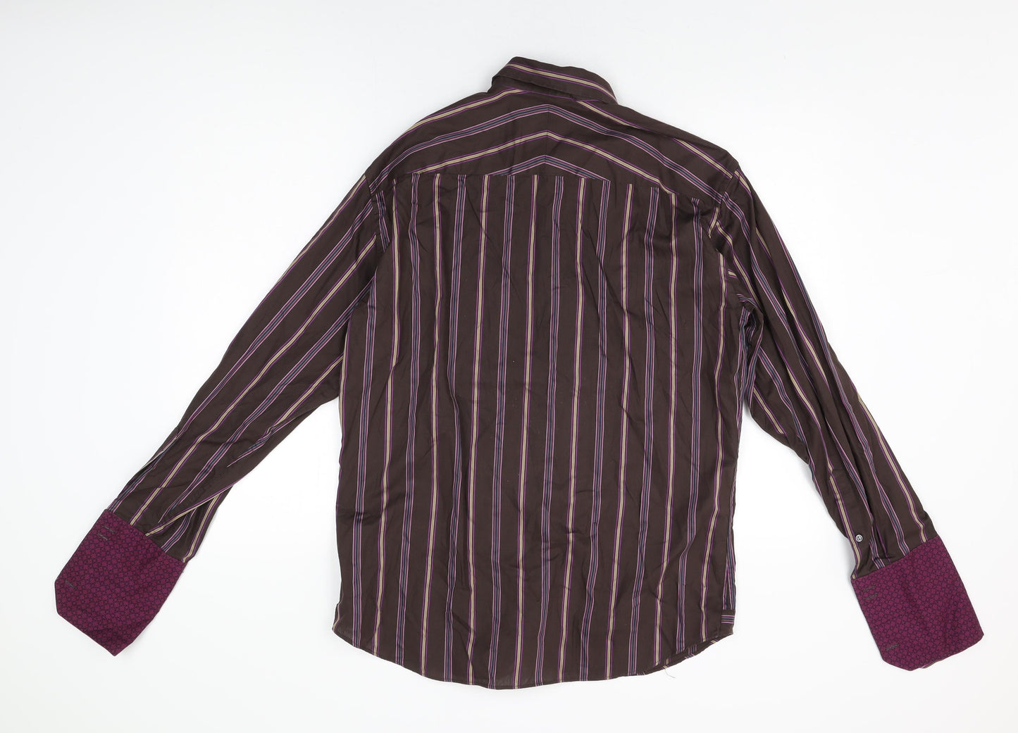 Autograph Mens Brown Striped Cotton Dress Shirt Size M Collared Button