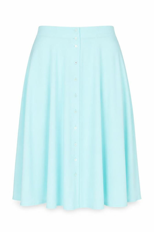 Front view of Essence women’s blue polyester swing skirt, size UK 22, button