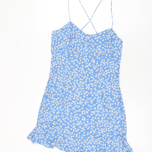 Zara Womens Blue Floral Polyester Mini Size M V-Neck Zip