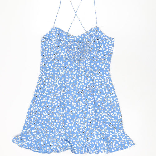 Zara Womens Blue Floral Polyester Mini Size M V-Neck Zip