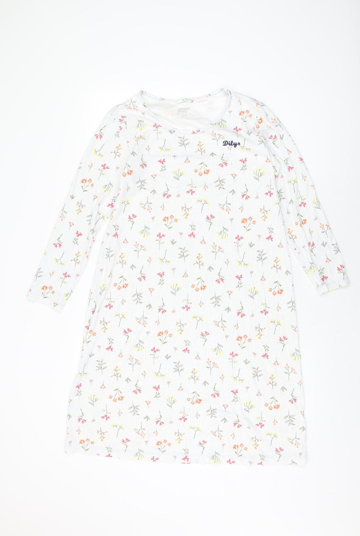 Lands' End Womens White Floral Cotton Shift Size S Round Neck Pullover