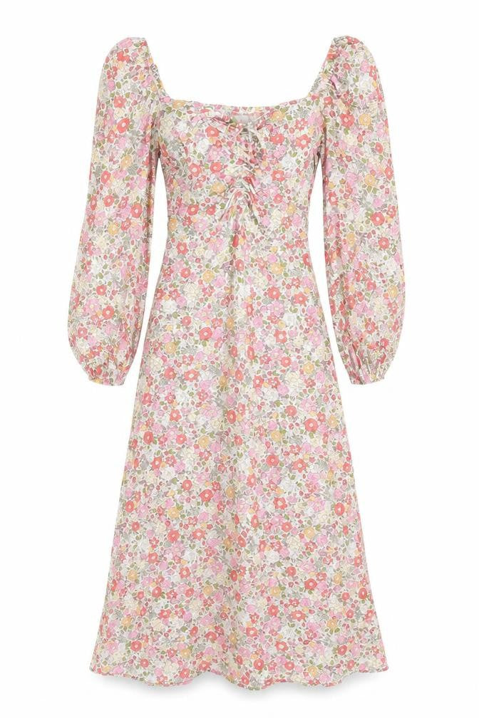 Front view of H&M women’s multicoloured floral viscose a-line, size XS, sweetheart pullover