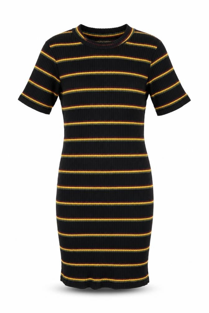 Front view of Zara women’s black striped polyester bodycon, size S, round neck pullover