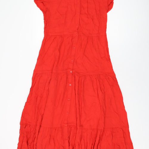 Promod Womens Red Viscose Maxi Size 10 Collared Button