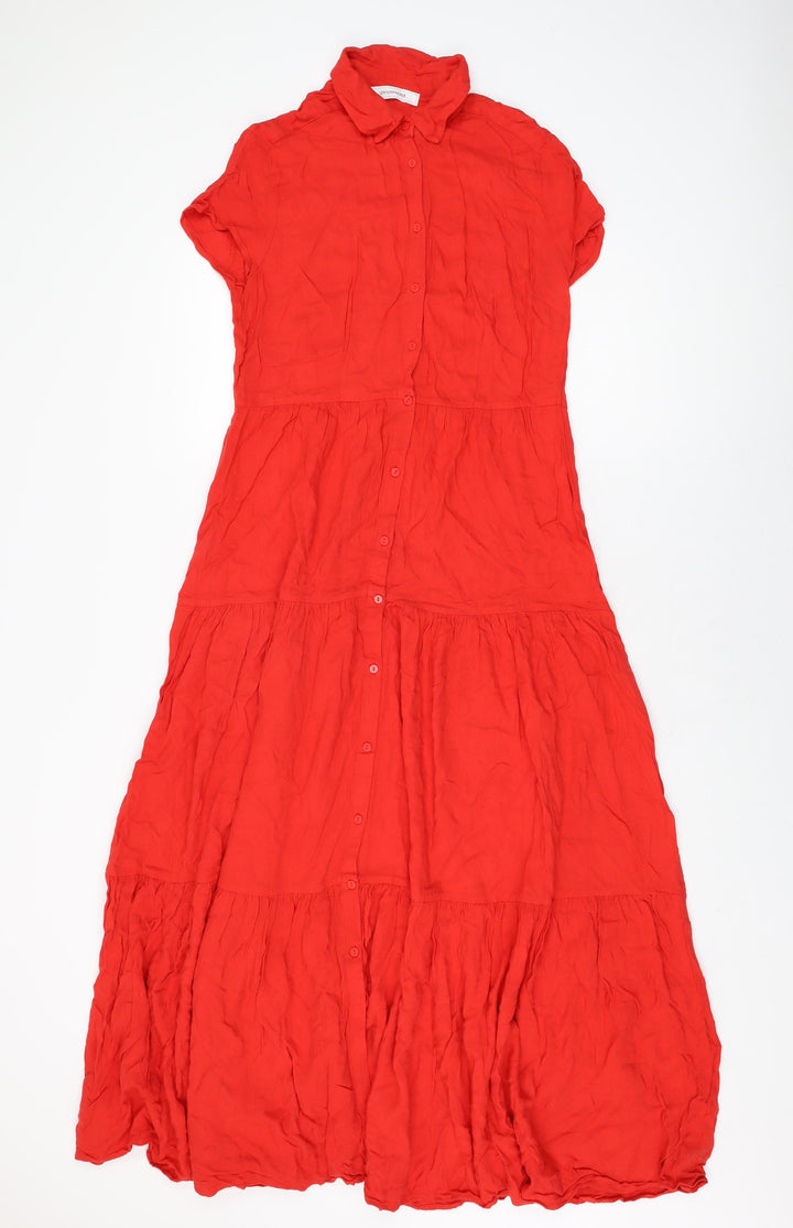 Promod Womens Red Viscose Maxi Size 10 Collared Button