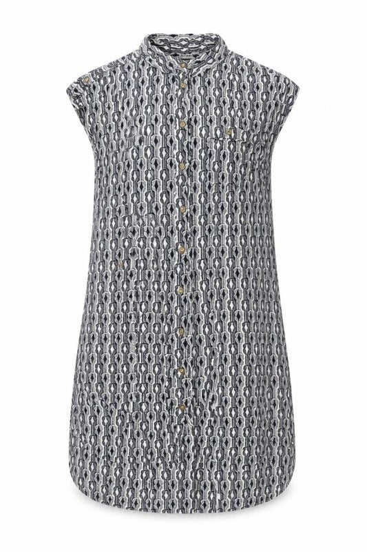 Front view of Warehouse women’s blue geometric viscose shift, size UK 12, collared button