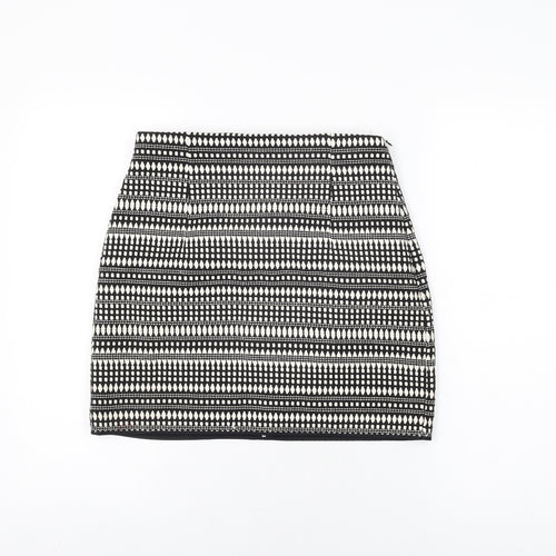 Zara Womens Black Geometric Cotton Mini Skirt Size M Zip