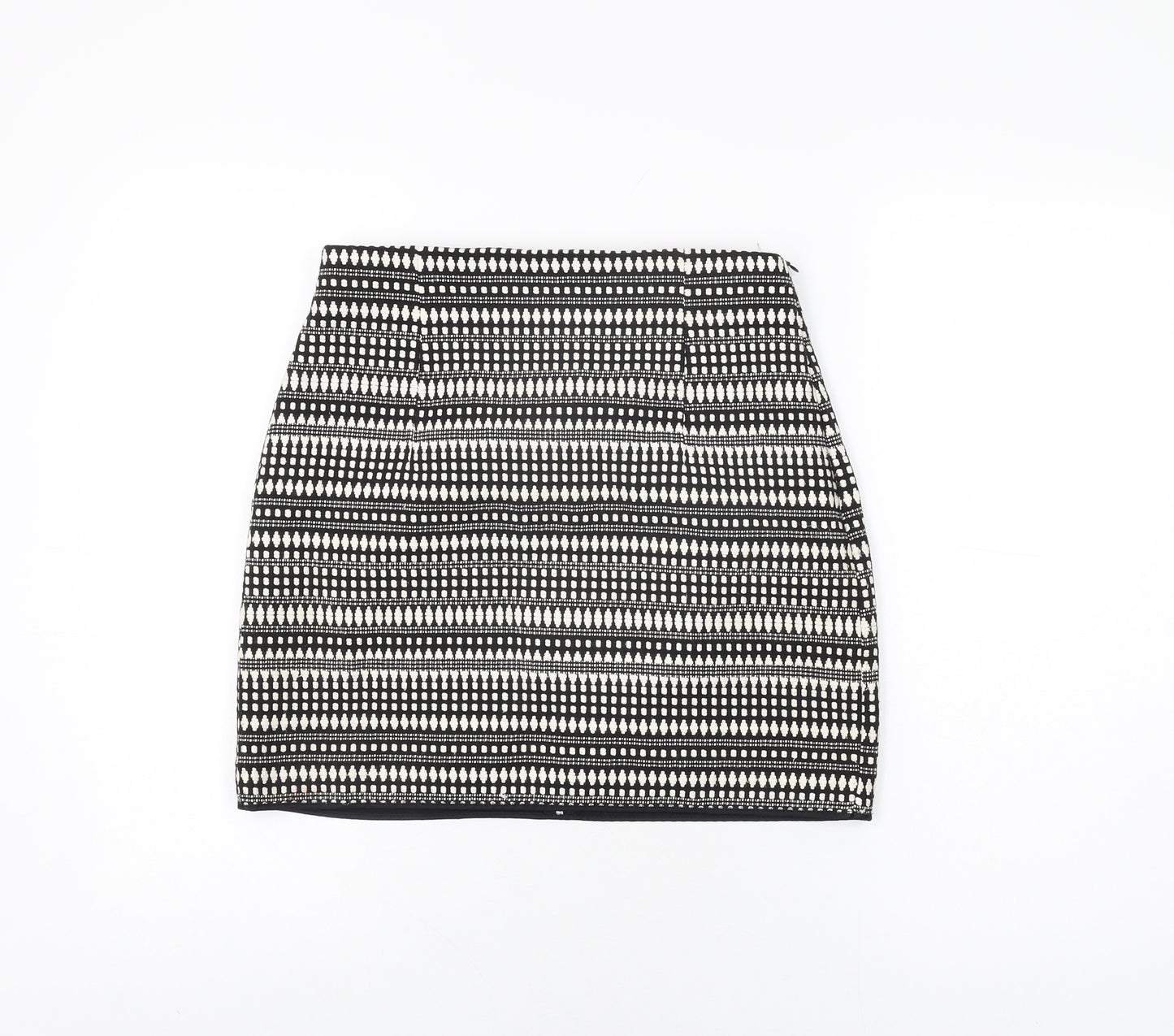Zara Womens Black Geometric Cotton Mini Skirt Size M Zip