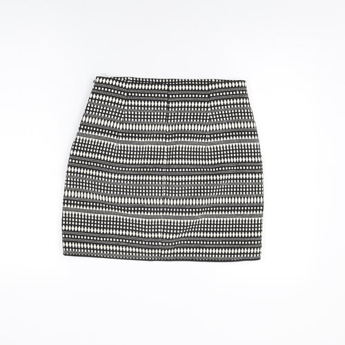 Zara Womens Black Geometric Cotton Mini Skirt Size M Zip