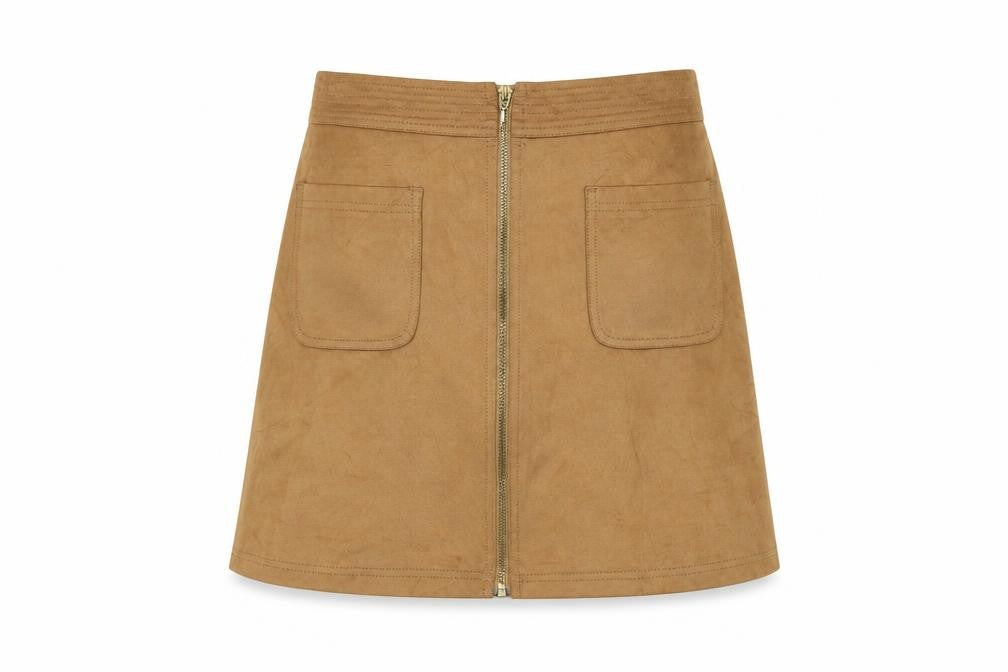 Front view of Marks & Spencer women’s brown polyester a-line skirt, size UK 10, zip