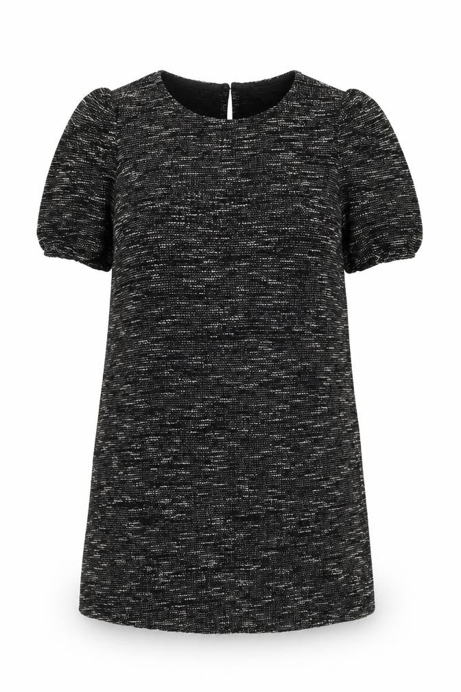 Front view of New Look women’s black geometric viscose shift, size UK 16, round neck button
