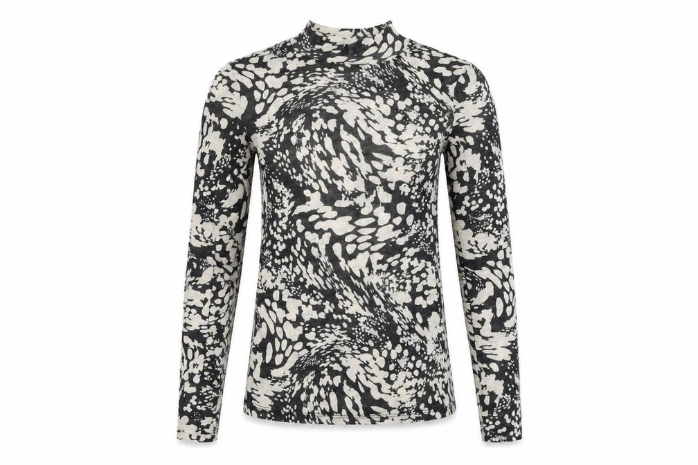 Front view of Topshop women’s black geometric polyester basic t-shirt, size UK 8, high neck
