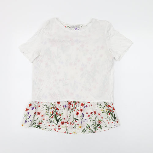 Per Una Womens White Floral Cotton Basic T-Shirt Size 10 Round Neck