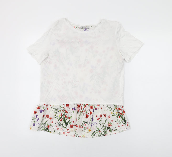 Per Una Womens White Floral Cotton Basic T-Shirt Size 10 Round Neck