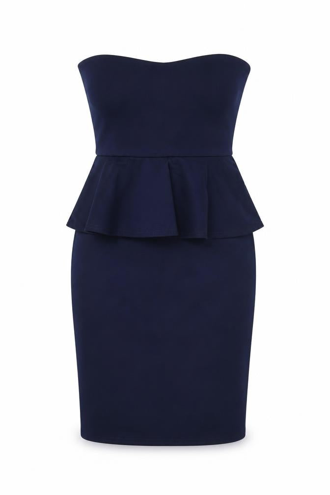 Front view of Boohoo women’s blue polyester bodycon, size UK 12, off the shoulder pullover