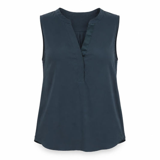 Front view of H&M women’s blue polyester basic blouse, size UK 6, v-neck